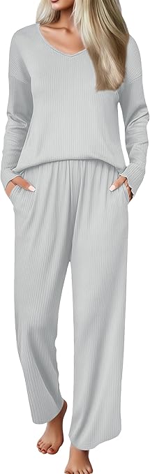 Ekouaer Womens Pajama Set Ribbed Knit PJs 2 Piece Lounge Set Long Sleeve Top and Pants Comfy Sleepwear with Pockets