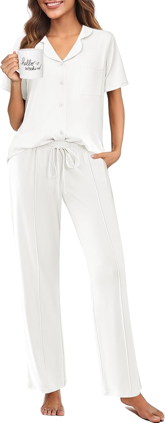 Ekouaer Pajamas for Women Set Button Up Sleepswear 2 Piece Short Sleeve PJ Top and Long Pants Loungwear With Pocket