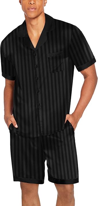 Ekouaer Men Satin Silk Pajamas Set with Pockets Sleepwear Shorts Satin Summer Loungewear 2 Piece Button Down Set