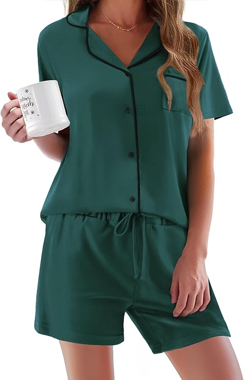 Ekouaer Pajamas Set for Women Short Sleeve Sleepwear Button Down Pjs Soft 2 Piece Lounge Sets