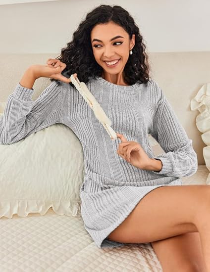 Ekouaer Women's Nightgown Long Sleeve Ribbed Knit Nightshirt Round Neck Sleep Shirt Soft Sweater Dress