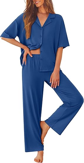 Ekouaer Women Pajamas Set Button Down Sleepwear Short Sleeve Pjs Soft Comfy Nightwear with Long Pants