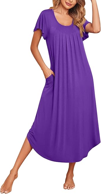 Ekouaer Long Nightgowns for Women with Pockets Short Sleeves Moo Moos for Women Casual Maxi Dress House Dresses Star Print XXXL