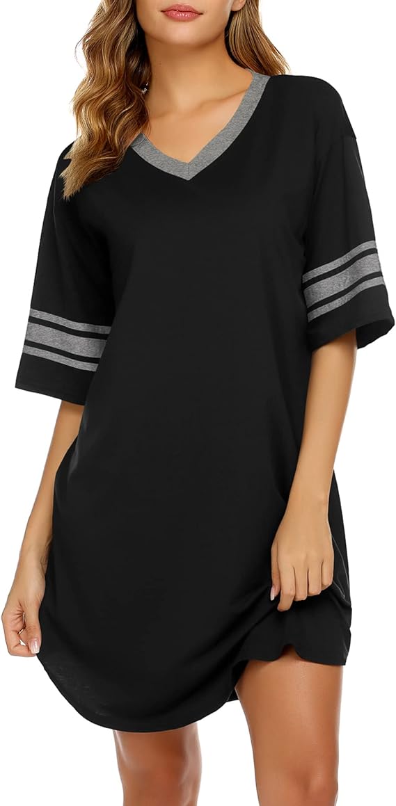 Ekouaer Womens Nightgown Cotton Sleepwear Short Sleeve Sleep Shirt V Neck Color Block Nightshirt