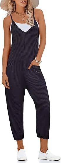 Ekouaer Jumpsuits for Women Sleeveless Spaghetti Strap Ribbed Overall Jumpsuit V Neck Summer Romper with Pockets