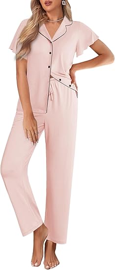 Ekouaer Pajamas for Women Set Button Up Sleepwear Cute Pjs Ruffle Sleeve Notch Collar Loungewear with Long Pants