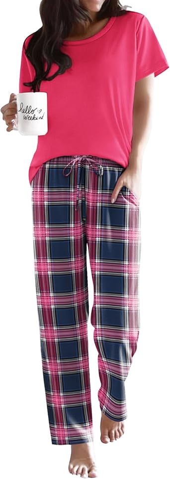 Ekouaer Pajama Sets for Women Round Neck Pjs Short Sleeve Sleepwear with Long Pants Loose Lounge Sets Black-pink Plaid XL