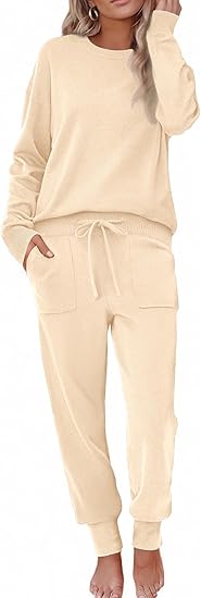 Ekouaer Women's 2 Piece Lounge Set Long Sleeve Knit Pajamas Sweatsuit Jogger Pant Outfits With Pockets