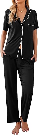 Ekouaer Women Pajamas Set Button Down Sleepwear Short Sleeve Nightwear with Long Pants Soft Pjs Set