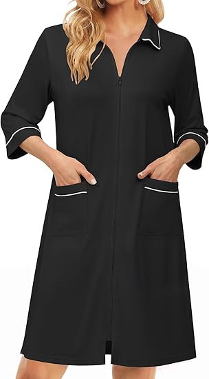 Ekouaer Zipper Robes for Women 3/4 Sleeve Housecoats Knee Length Bathrobe Lightweight Nightgown with Pockets