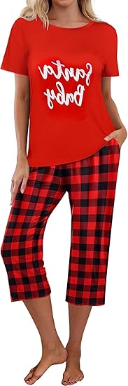 Ekouaer Pajamas for Women Set Short Sleeve Sleepwear Tops with Capri Pants Prints Funny Two Piece Pj Set