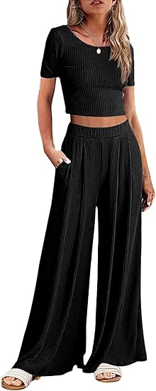 Ekouaer Women's 2 Piece Lounge Sets Short Sleeve Pajama Set Ribbed Knit Crop Top Wide Leg Pants Loungewear
