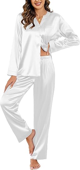Ekouaer Silk Pajamas For Women 2 Piece Set Satin Pjs Long Sleeve Button Up Sleepwear Comfy Lounge sets