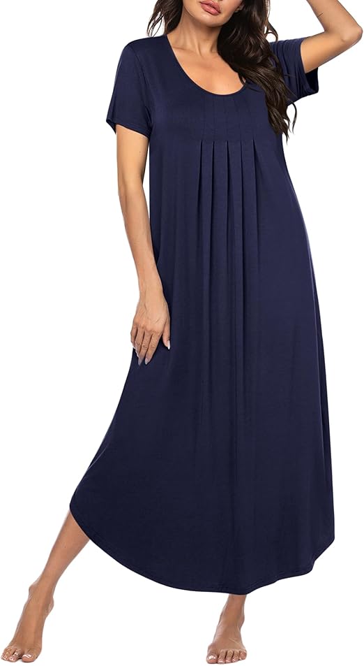 Ekouaer Long Nightgowns for Women House Dress Plus Size Sleepwear Pleated Full Length Loungwear