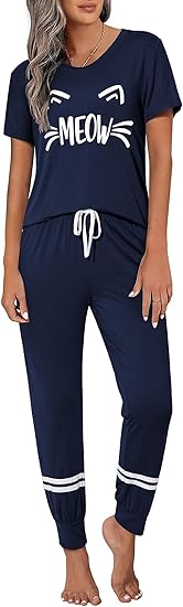 Ekouaer Womens Pajamas Set 2 Piece Lounge Pj Set Short Sleeve Sleepwear Tops with Joggers Pants Loungewear Print Nightwear