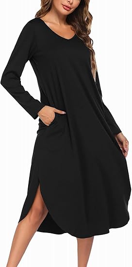 Ekouaer Womens Nightgown V Neck Nightshirts Long Sleeve Sleepwear with Pockets