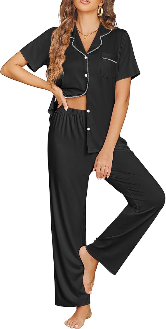 Ekouaer Womens Pajama Sets Button Down Pjs 2 Piece Short Sleeve Sleepwear with Pants Soft Loungewear