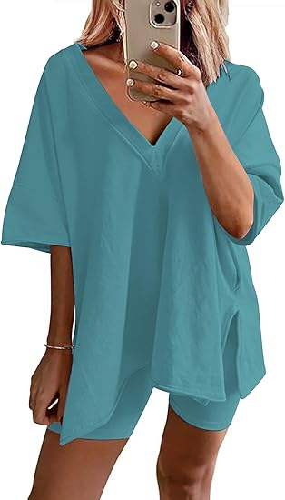 Ekouaer Womens Pajamas 2 Piece Lounge Sets Oversized V Neck T-Shirts Tops Biker Shorts Set Workout Reversible Tracksuit