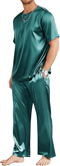 Ekouaer Mens Silk Satin Pajama Set Short Sleeve Sleepwear Silky Loungewear with Long Pants