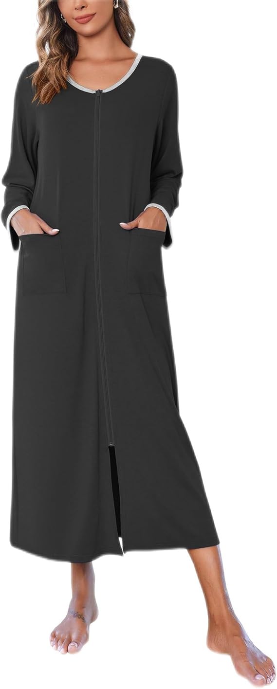 Ekouaer Women Long House Coat Zipper Front Robes Full Length Nightgowns with Pockets Striped Loungewear