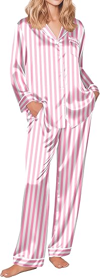 Ekouaer Silk Pajamas for Women Button Down Satin Pj Set Soft Long Sleeve 2 Piece Sleepwear Loungewear