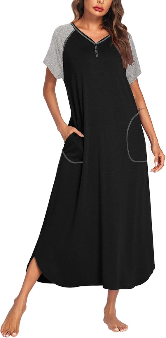 Ekouaer Long Nightgown Women's Loungewear Short Sleeve Sleepwear Full Length Sleep Shirt with Pockets