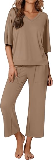 Ekouaer Lounge Sets for Women Comfy Pajamas Set 2 Piece Outfits Short Sleeve Tops and Wide Leg Pants with Large Pockets
