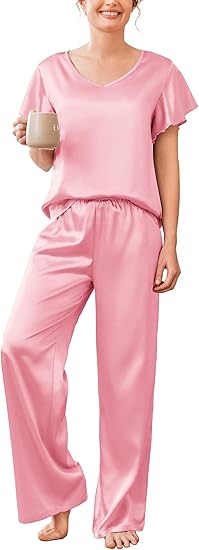 Ekouaer Women's Satin Silky Pajama Set 2 Piece Short Sleeve Shirt with Long Pants Pjs Sets Soft PJ Loungewear