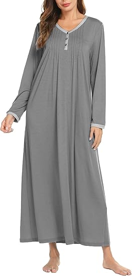 Ekouaer Women's Long Sleeve Nightgown Full Length Sleepwear Long Sleepshirts Henley Sleep Dress