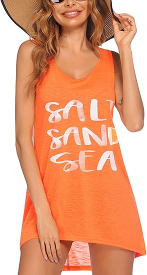 Ekouaer Women's Sleeveless Swimwear Coverups T-Shirt Beach Dress Tank Bikini Cover Up with Print