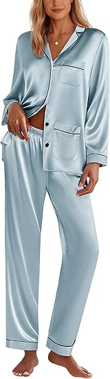 Ekouaer Silk Pajamas for Women Classic Button Down Satin Pajama Sets Long Sleeve Lounge Set