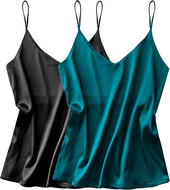 Ekouaer Women's 2 Pcs Satin Camisole Silky Pajama Tank Tops V Neck Soft Spaghetti Strap Loose Basic Sleepwear