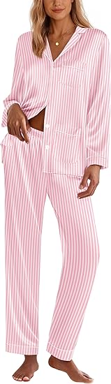 Ekouaer Silk Pajamas for Women Classic Button Down Satin Pajama Sets Long Sleeve Lounge Set