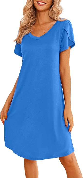 Ekouaer Womens Nightgown Short Sleeves Sleepwear V Neck Nightgowns for Women Petal Sleeves Houses Dress Sleepshirt