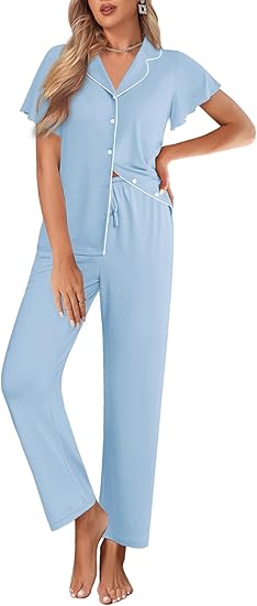 Ekouaer Pajamas for Women Set Button Up Sleepwear Cute Pjs Ruffle Sleeve Notch Collar Loungewear with Long Pants