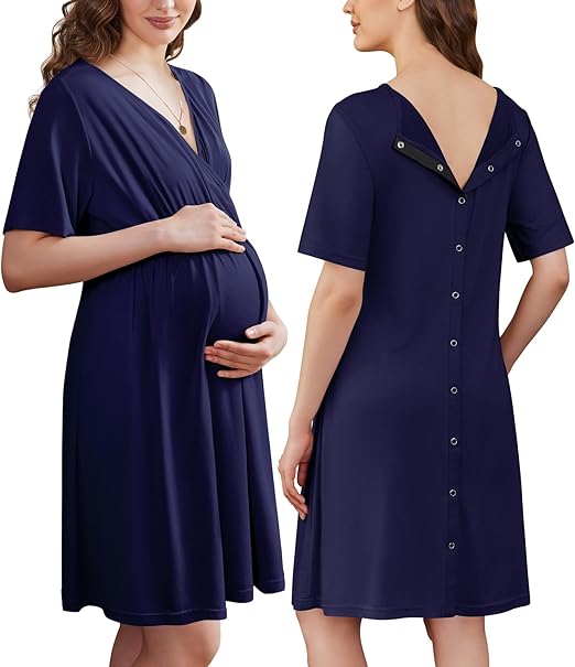 Ekouaer Labor and Delivery Gown for Hospital Short Sleeve Maternity Nursing Dress Nightgown with Button