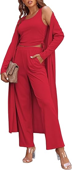 Ekouaer Women's 3 Piece Lounge Set Pajama Long Sleeve Cardigan Sleeveless Top Pants Sweatsuit