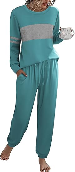 Ekouaer Womens Pajama Sets Long Sleeves 2 Pieces Casual Loungewear Outfits Round Neck Sleepwear with Pockets