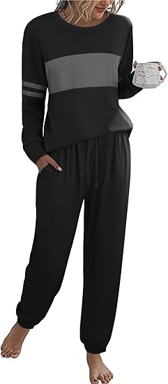 Ekouaer Womens Pajama Sets Long Sleeves 2 Pieces Casual Loungewear Outfits Round Neck Sleepwear with Pockets