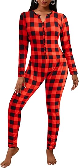 Ekouaer Womens Onesie Adult Button One Piece Pajama Long Sleeve Onesie Pajamas Jumpsuit Sleepwear for Women