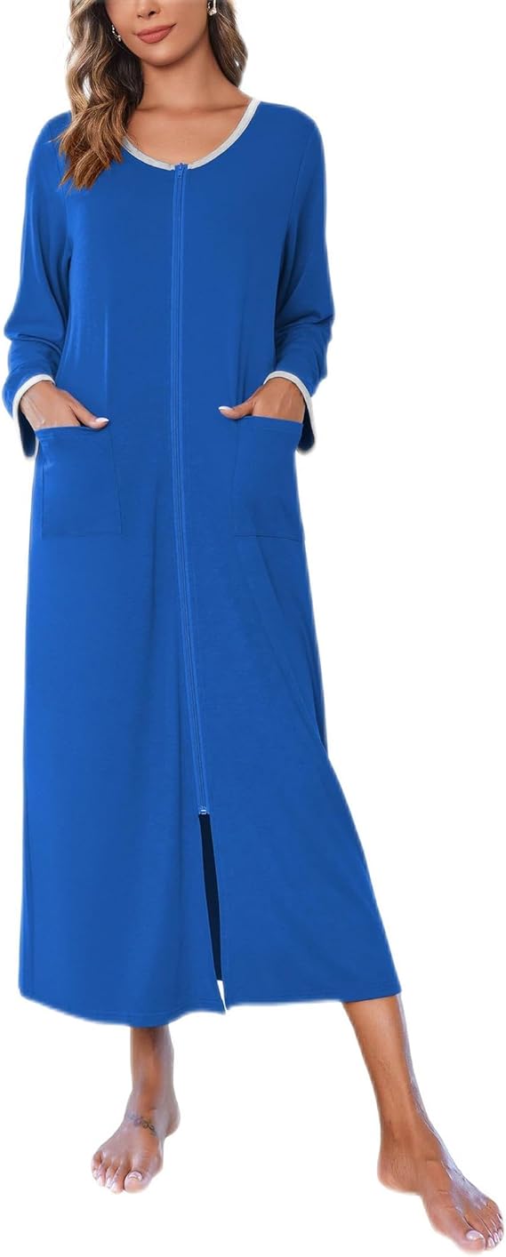 Ekouaer Women Long House Coat Zipper Front Robes Full Length Nightgowns with Pockets Striped Loungewear