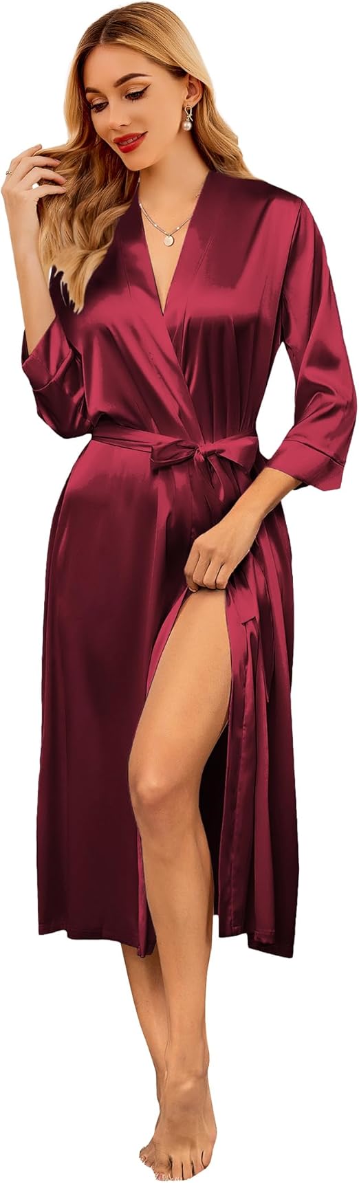 Ekouaer Silk Robes for Women Long Satin Bride Bridesmaid Wedding Party Robes Lightweight Sexy Sleepwear with Pockets