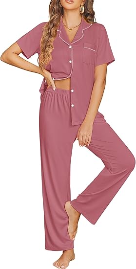 Ekouaer Womens Pajama Sets Button Down Pjs 2 Piece Short Sleeve Sleepwear with Pants Soft Loungewear