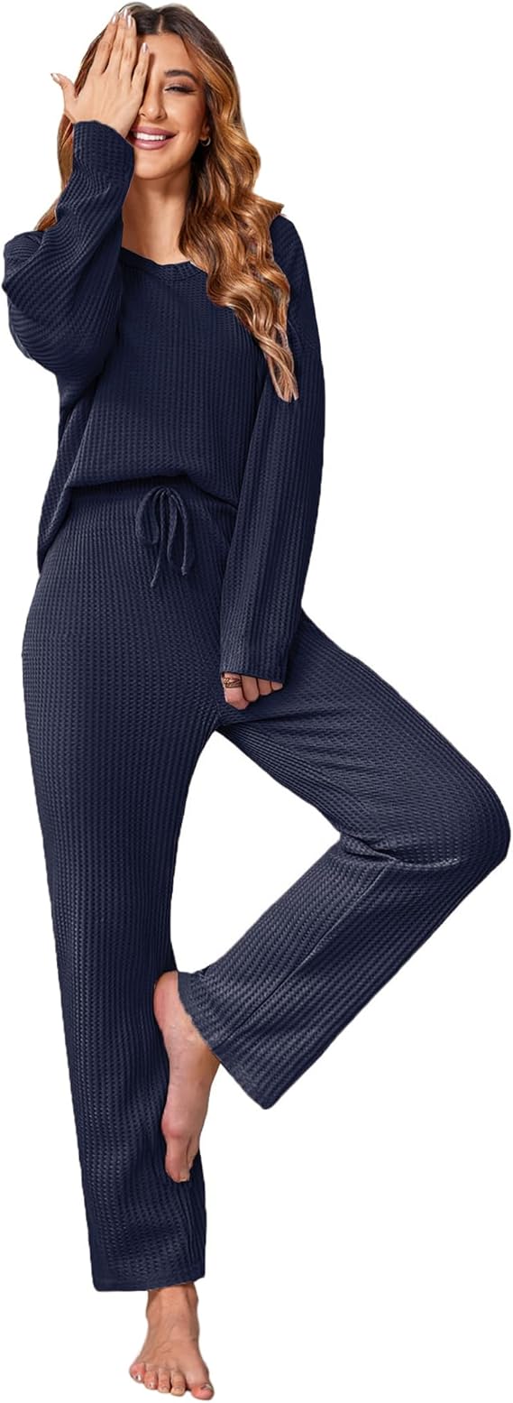 Ekouaer Women's Waffle Knit Pajama Sets Comfy Long Sleeve Lounge Sets 2 Piece Matching Pj Sets with Pockets