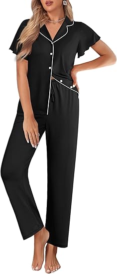 Ekouaer Pajamas for Women Set Button Up Sleepwear Cute Pjs Ruffle Sleeve Notch Collar Loungewear with Long Pants