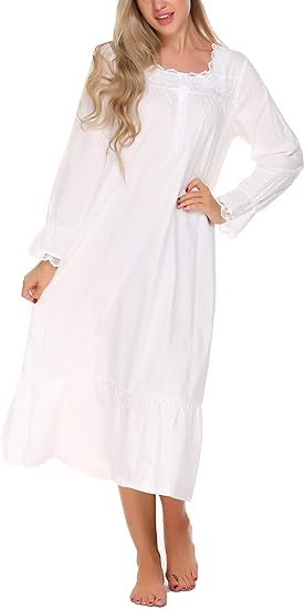 Ekouaer Victorian Nightgown 100% Cotton Long Sleeve Vintage Old Fashioned Gown for Women
