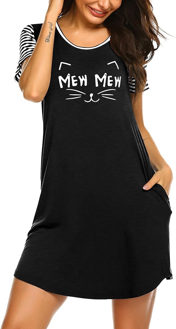 Ekouaer Nightgowns for Women Soft Sleep Shirts with Pockets Short Sleeves Printed Crewneck Nightshirt