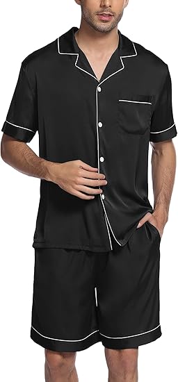 Ekouaer Mens Satin Pajamas Set Button-Down Short Sleeve Shirt Top Soft Silk Sleepwear Shorts with Pockets