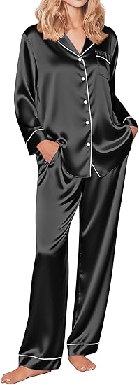 Ekouaer Silk Pajamas for Women Button Down Satin Pj Set Soft Long Sleeve 2 Piece Sleepwear Loungewear