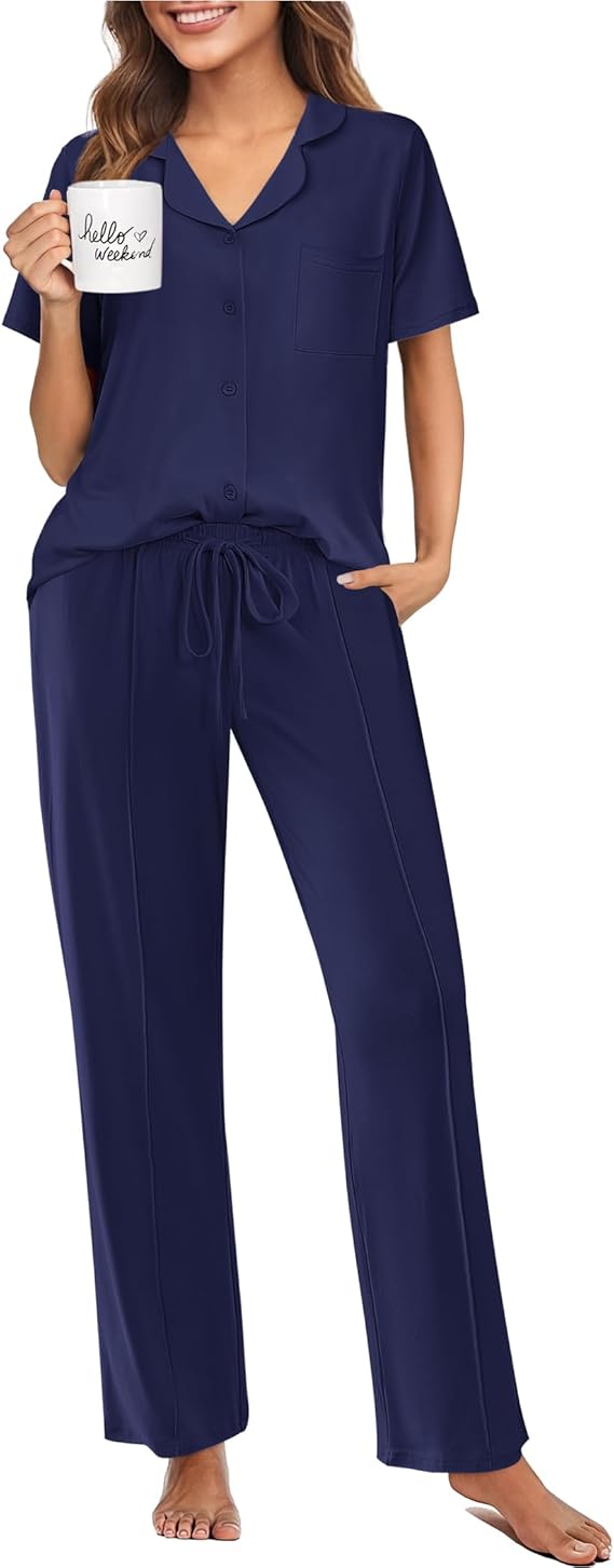 Ekouaer Pajamas for Women Set Button Up Sleepswear 2 Piece Short Sleeve PJ Top and Long Pants Loungwear With Pocket